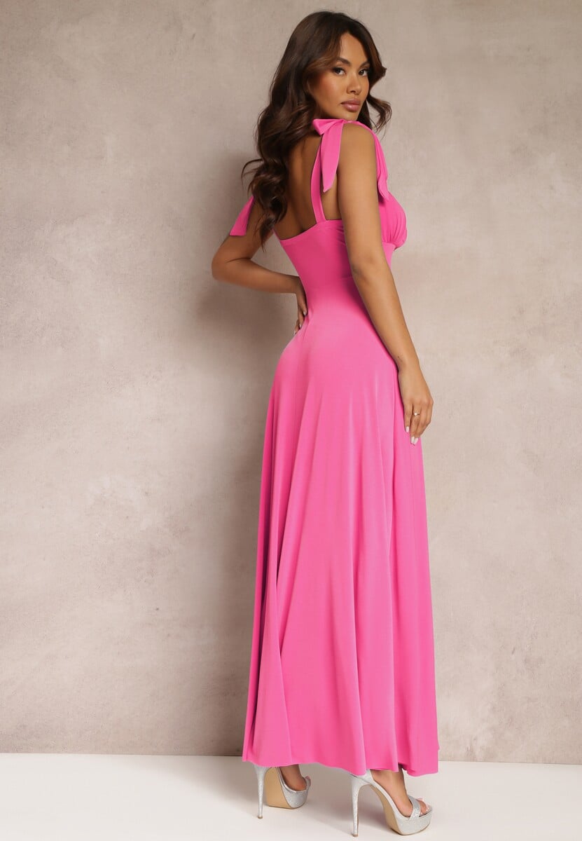 Ciemnoróżowa Długa Sukienka z Marszczonym Dekoltem i Wiązanymi Ramiączkami Rozvita