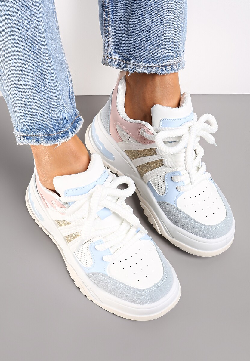 Biało-Niebieskie Sneakersy na Grubej Podeszwie z Brokatem Lenema
