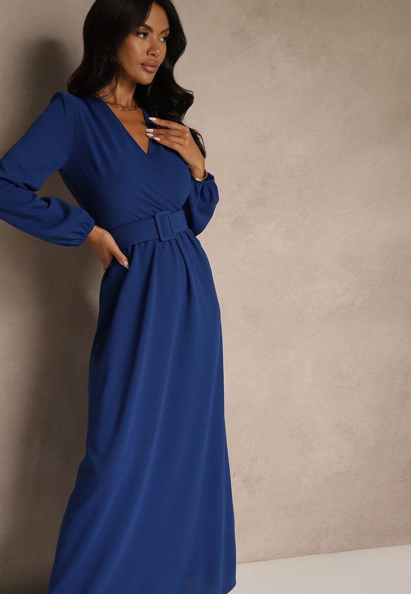 Niebieska Koktajlowa Sukienka o Rozkloszowanym Kroju z Ozdobnym Paskiem Feliera