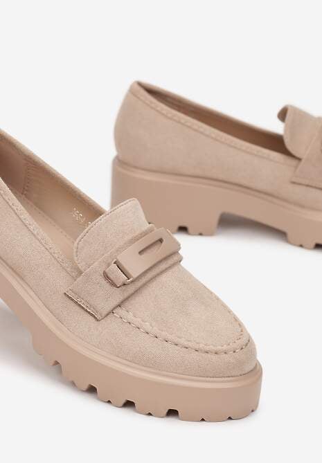 Ciemnobeżowe Mokasyny na Grubej Podeszwie z Cholewką z Przeszyciami Hamaira