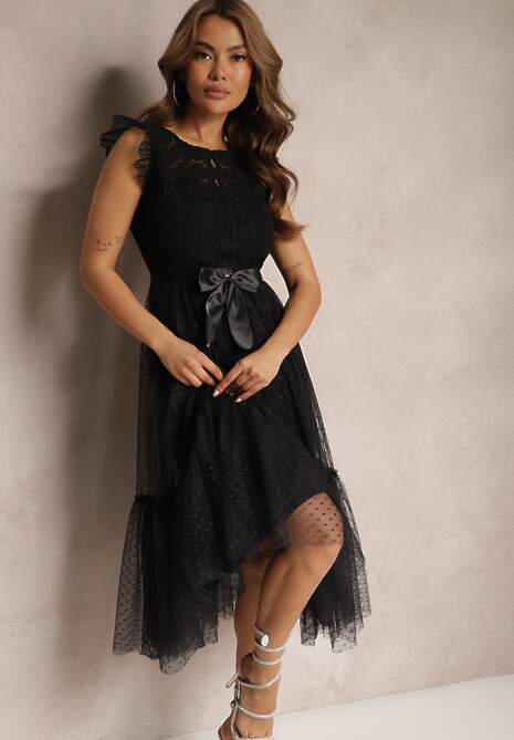 Czarna Taliowana Sukienka z Tiulową Spódnicą i Górą z Koronki Darela
