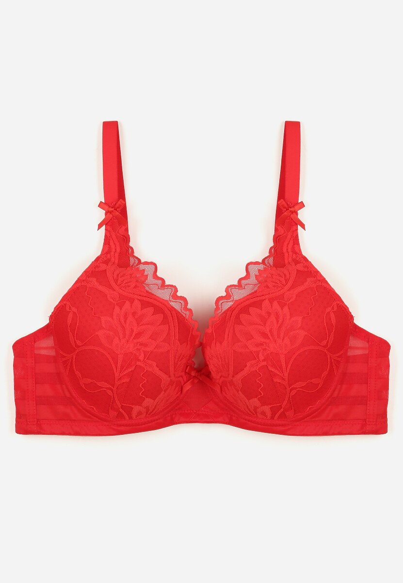 Czerwony Biustonosz Ozdobiony Koronką i Kokardkami Sellene