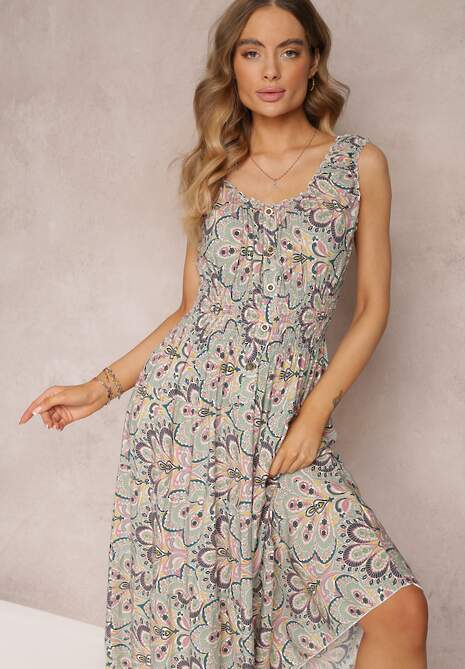 Miętowo-Różowa Kwiecista Sukienka Midi z Cienkimi Gumkami w Talii i Falbankami Jallia