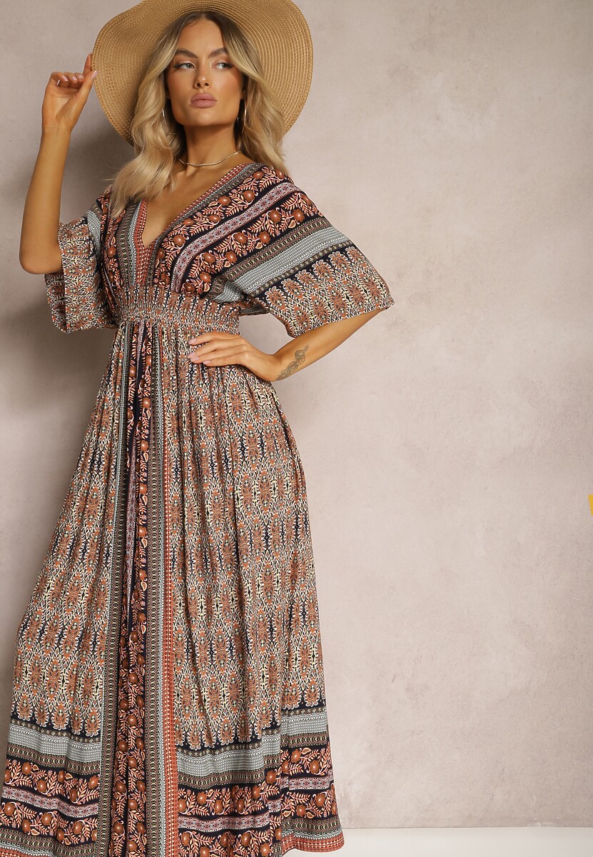 Brązowa Sukienka w Stylu Etnicznym z Gumką w Pasie Wiązana na Plecach Lixara