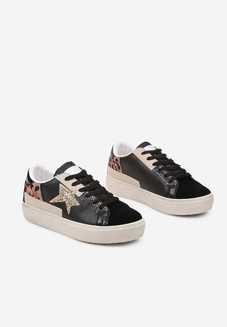 Czarne Sneakersy na Niskiej Platformie z Brokatowymi Zdobieniami Felaven