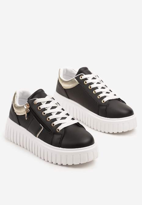 Czarne Sneakersy na Platformie z Ozdobnym Suwakiem Eleadra