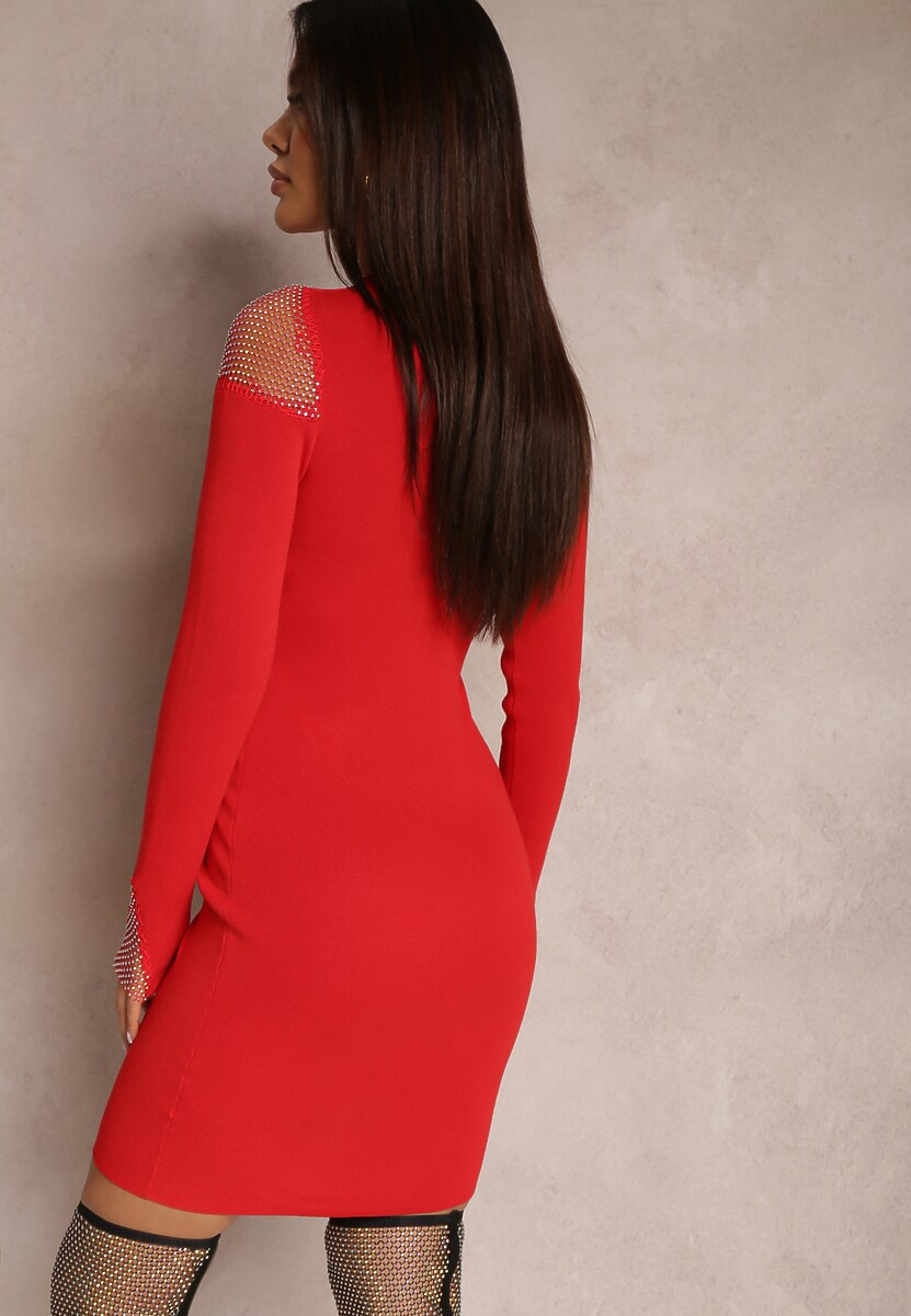 Czerwona Sukienka Dopasowana z Siateczką przy Dekolcie Yule