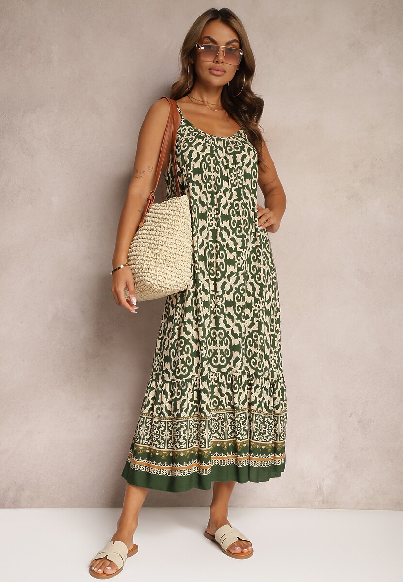 Ciemnozielona Rozkloszowana Sukienka z Bawełny na Cienkich Ramiączkach Nellmaira