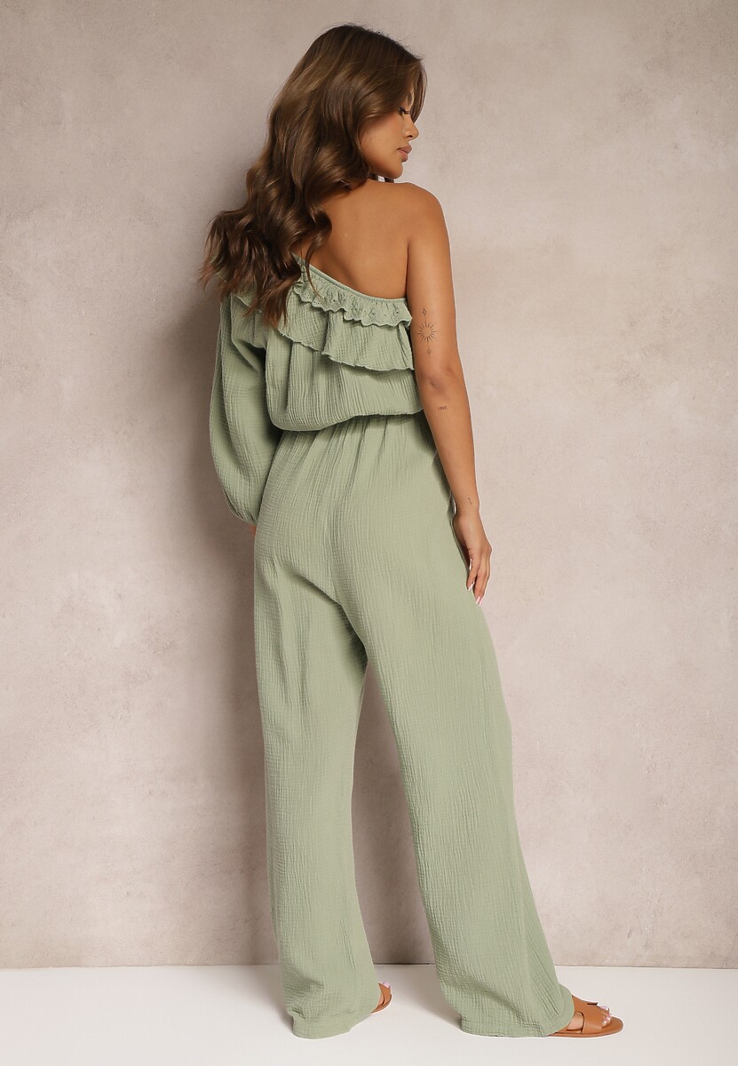 Zielony Bawełniany Kombinezon o Asymetrycznym Kroju z Gumką w Talii i Falbaną Begelia