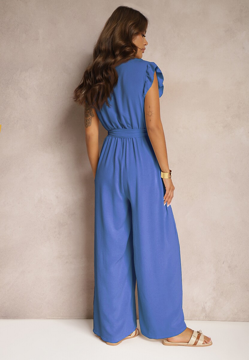 Niebieski Koktajlowy Kombinezon Wiązany Paskiem Wykończony Falbankami przy Ramionach Vimaseni