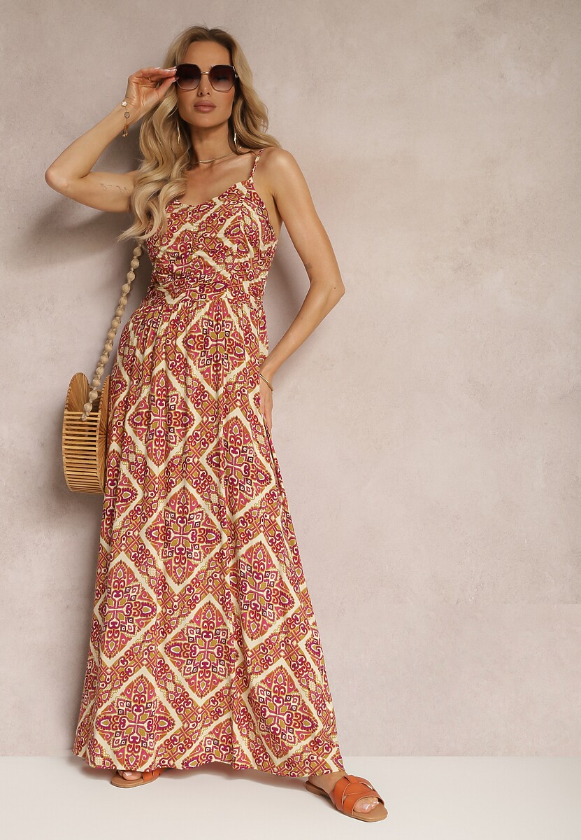 Zielona Sukienka z Wiskozy na Cienkich Regulowanych Ramiączkach z Gumkami w Talii Estilla