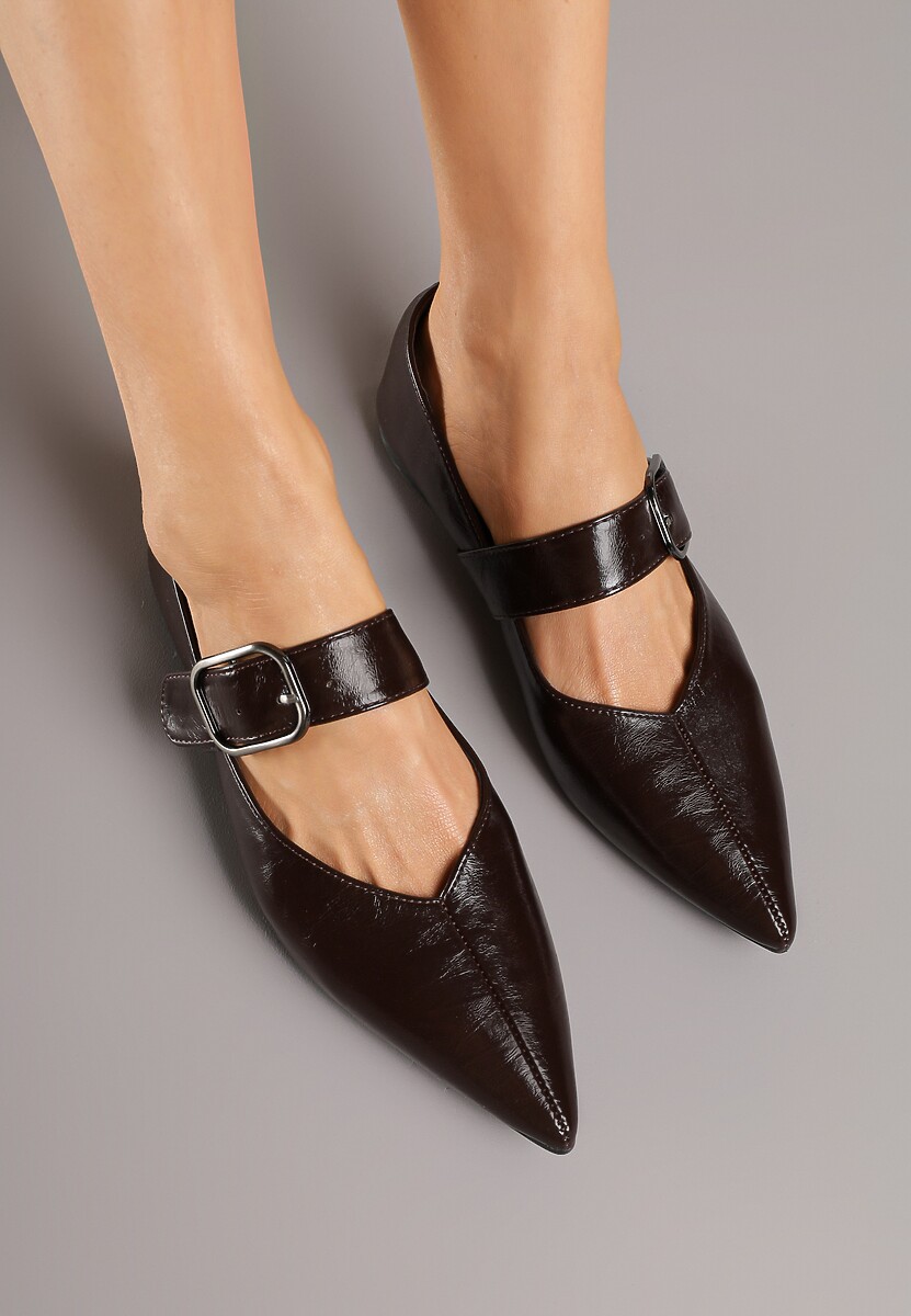 Ciemnobrązowe Balerinki w Stylu Mary Jane ze Szpiczastym Noskiem Nalivira