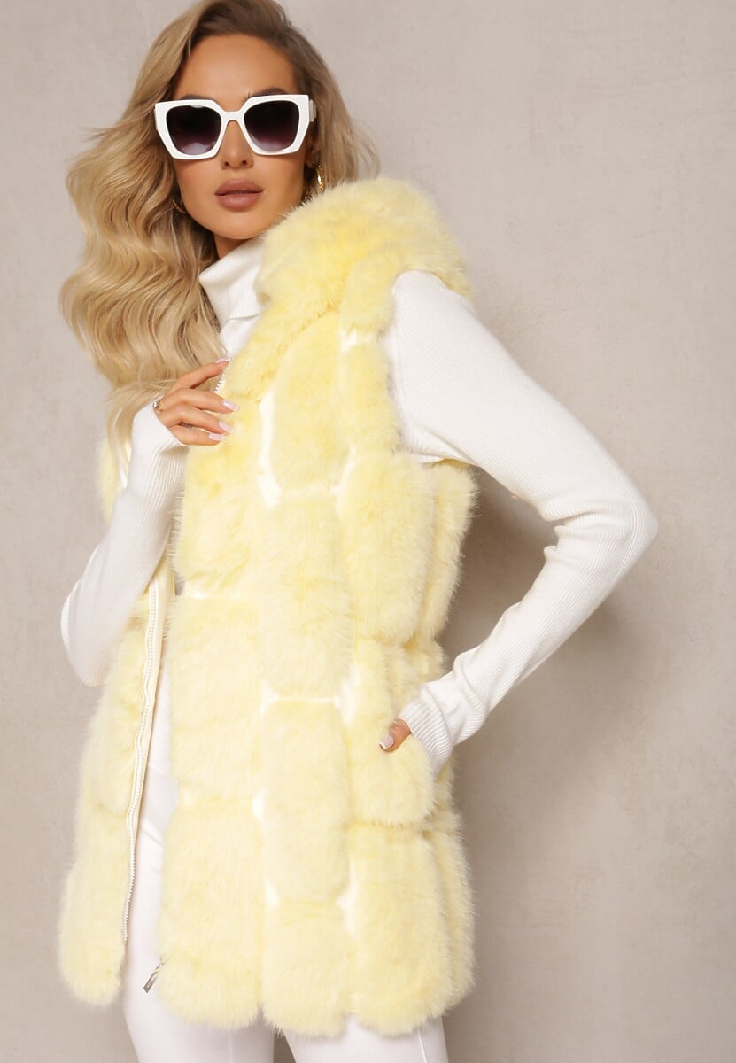 Żółta Futrzana Kamizelka z Kapturem Konessa