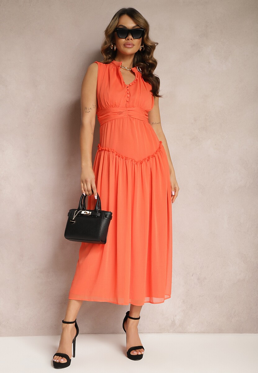 Pomarańczowa Rozkloszowana Sukienka Długa z Guzikami o Taliowanym Fasonie Jovitta