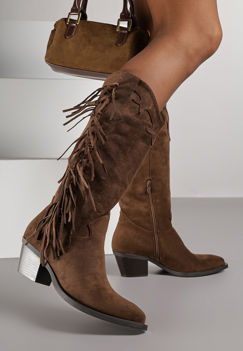 Brązowe Kozaki Kowbojki na Stożku Ozdobione Frędzlami Reianeva