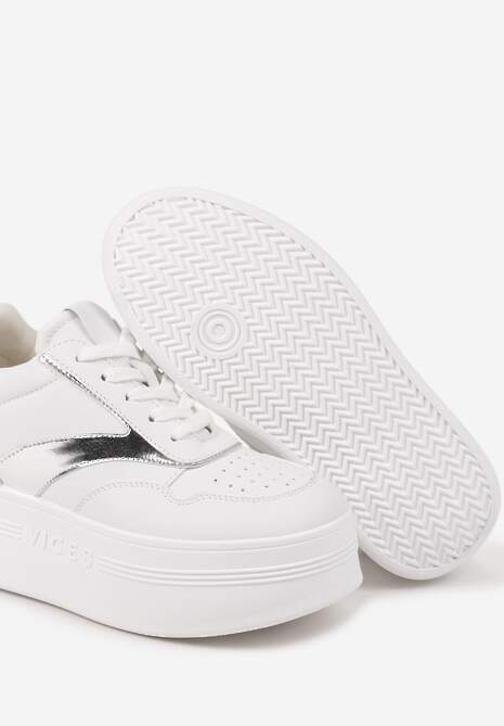 Biało-Srebrne Sznurowane Sneakersy Vices na Platformie z Metalicznymi Paskami Neliawen