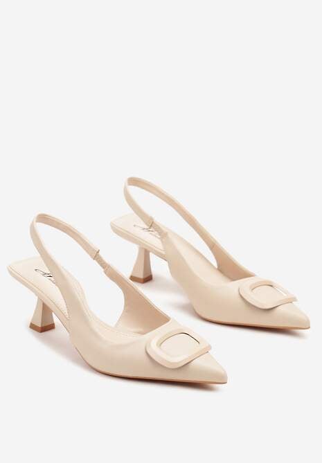 Beżowe Sandały na Szpilce Kaczuszce Slingback z Geometryczną Aplikacją Melanoriel