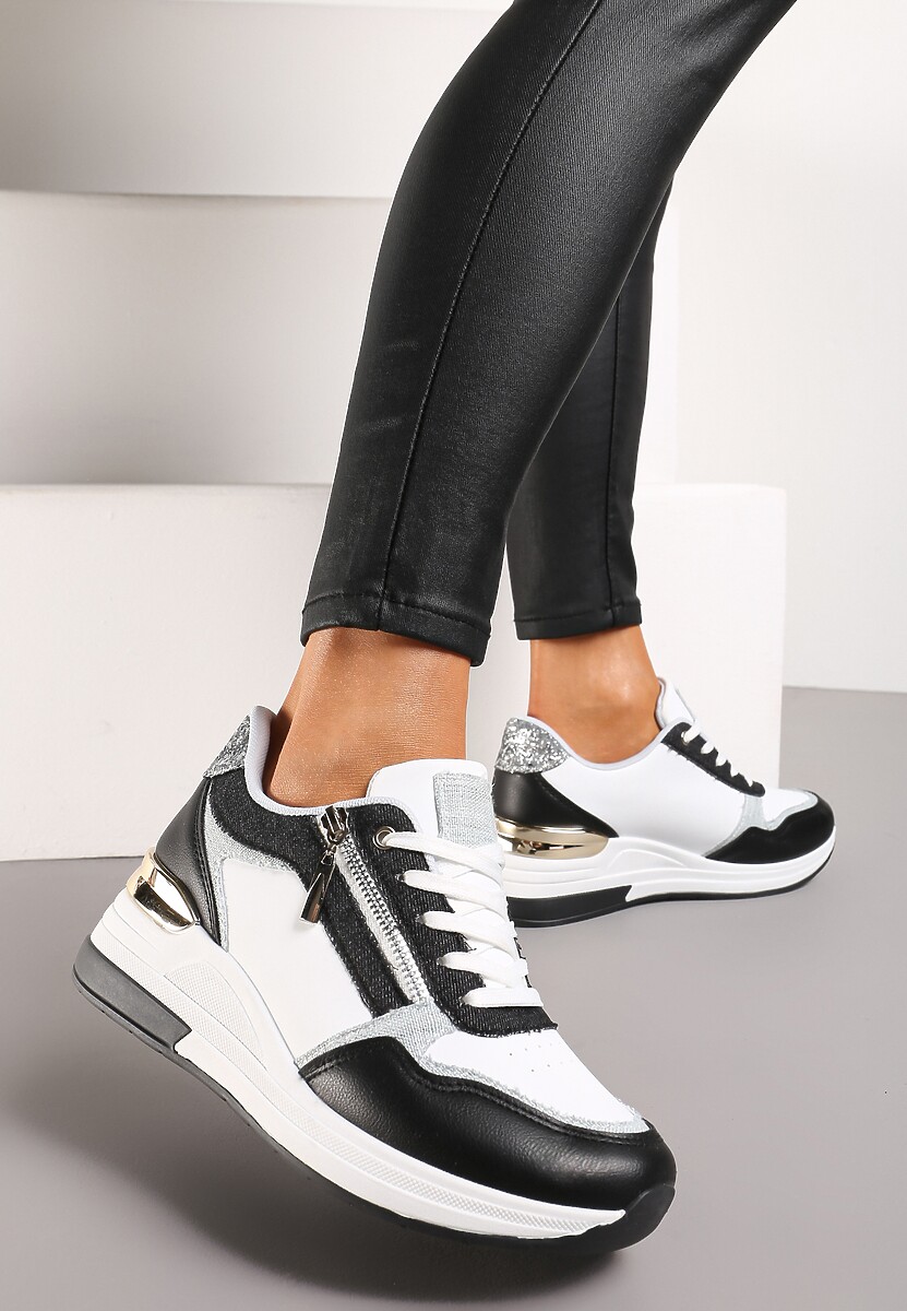 Czarno-Białe Sneakersy z Metaliczną i Brokatową Wstawką na Koturnie Neomalle