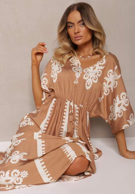Brązowa Sukienka Taliowana z Bawełny z Gumką w Pasie Rivaq