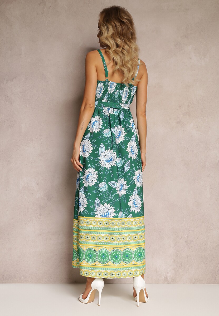 Ciemnozielona Sukienka Maxi na Cienkich Ramiączkach i Rozkloszowanym Dołem z Falbanką Charlei