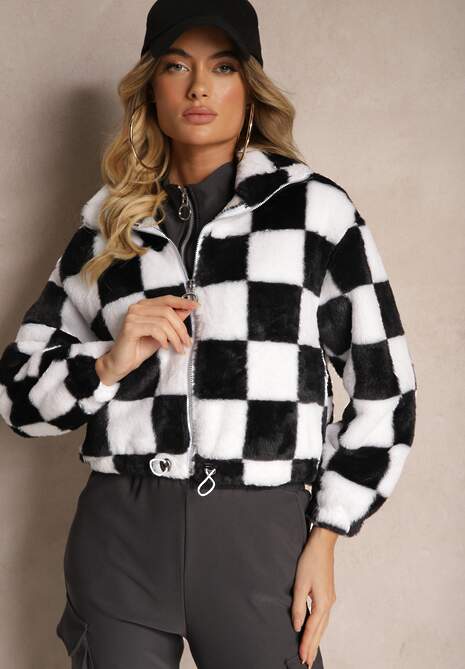 Czarno-Biała Kurtka z Futerka Zasuwana z Kołnierzykiem w Kratkę Vitista