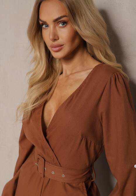Brązowy Kopertowy Kombinezon z Bawełny z Dodatkowym Paskiem i Gumką w Talii Rinnarela