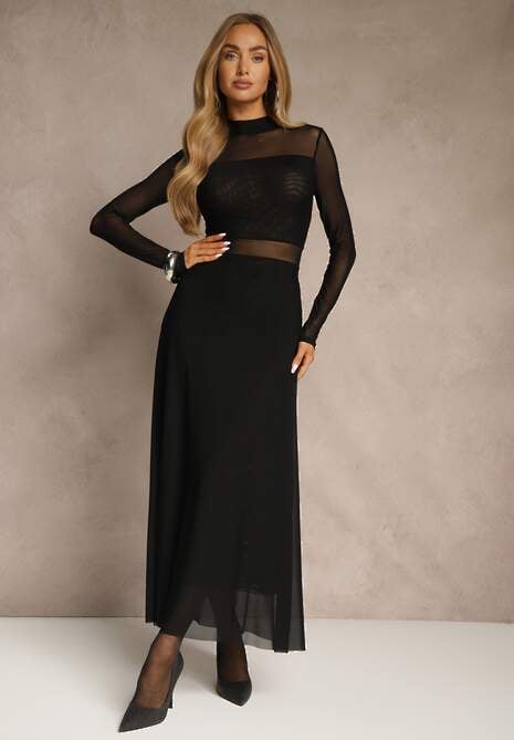 Czarna Rozkloszowana Sukienka Longsleeve z Siateczki z Dodatkiem Wiskozy Eprella