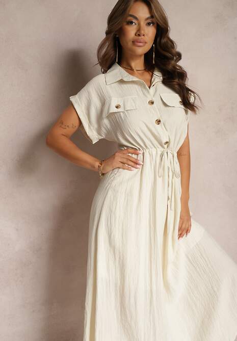 Beżowa Sukienka z Wiskozy o Rozkloszowanym Kroju z Gumką w Pasie i Napami Memvia