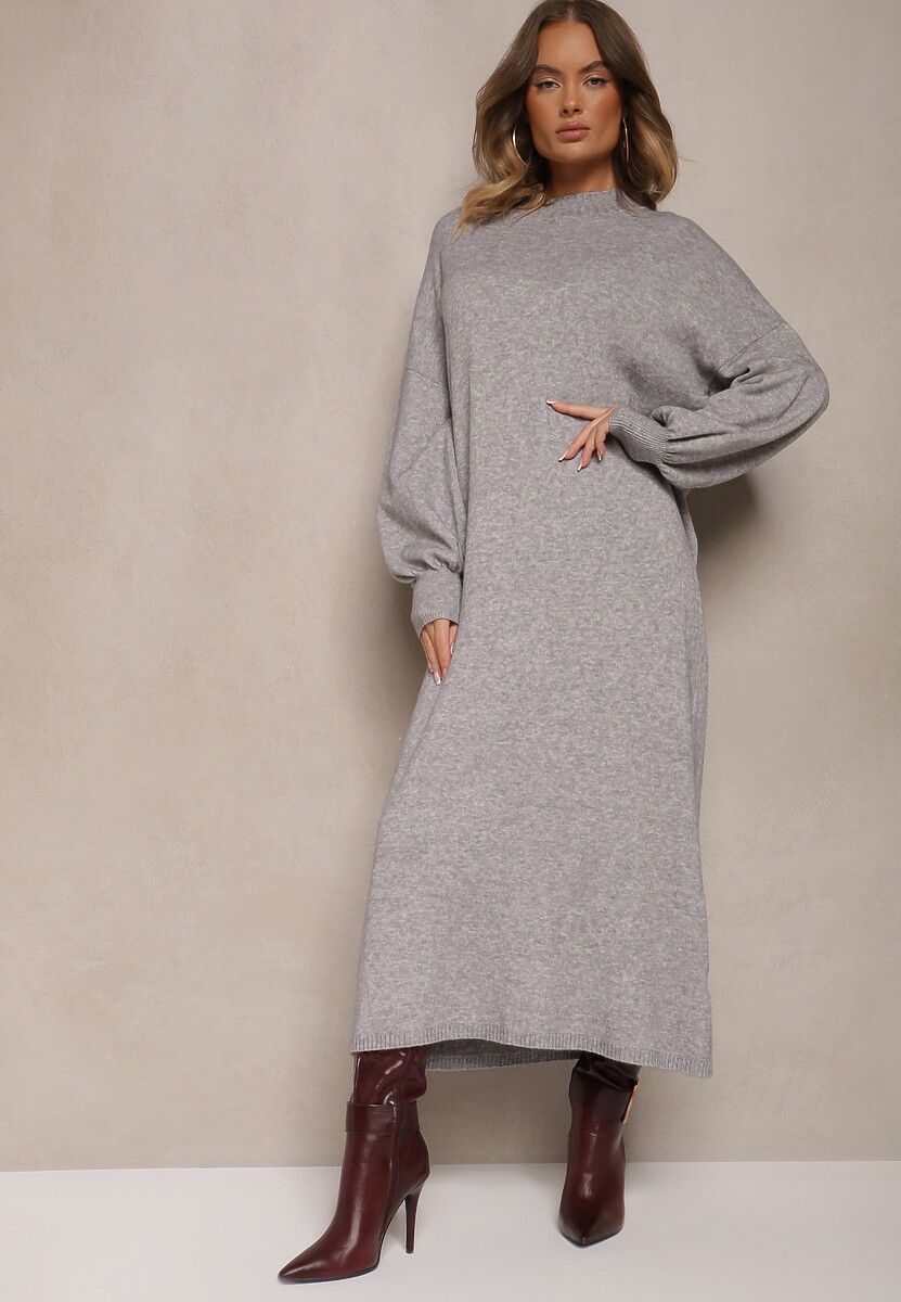 Jasnobeżowa Pudełkowa Sukienka z Wiskozą i Półgolfem Salindra