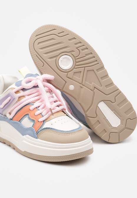 Beżowo-Różowe Sznurowane Sneakersy na Płaskiej Podeszwie Eviline