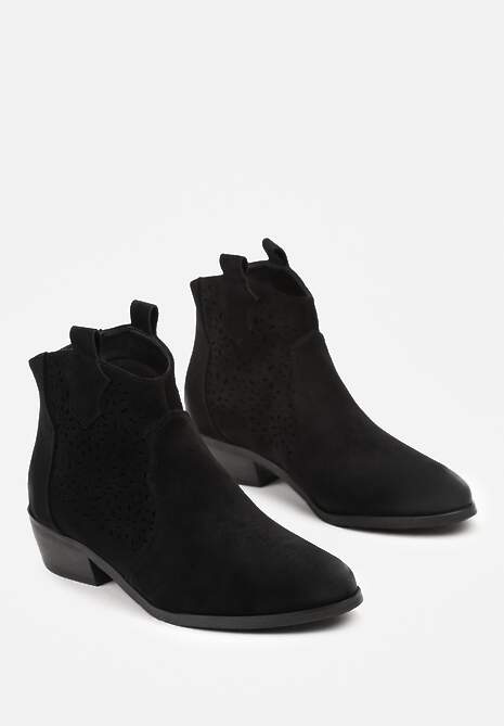 Czarne Botki z Ekozamszu na Płaskim Obcasie z Ażurowym Zdobieniem Leccaria