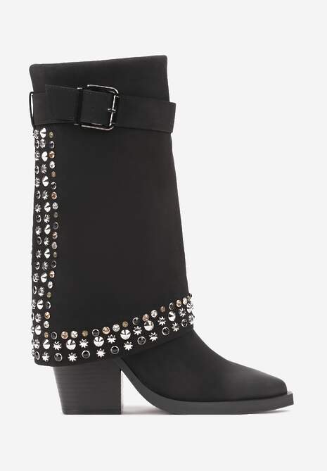 Czarne Botki z Cholewką Imitującą Nogawkę Ozdobione Ćwiekami i Klamrą Verivelle