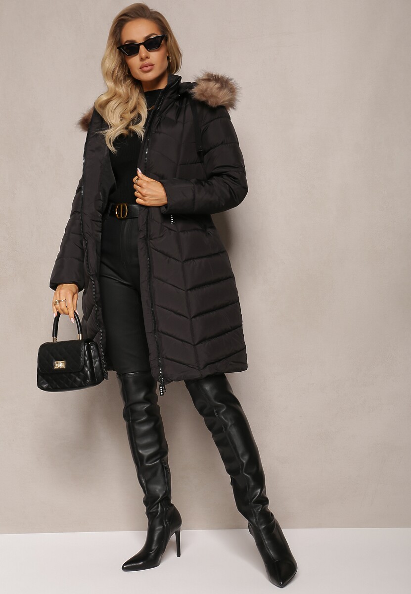 Czarna Kurtka do Kolan Pikowana z Kapturem Vasusa