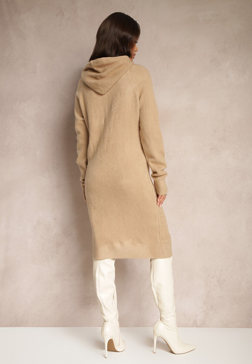 Beżowa Sukienka Sweterkowa z Kapturem Ozdobiona Sznurkami Ittilina