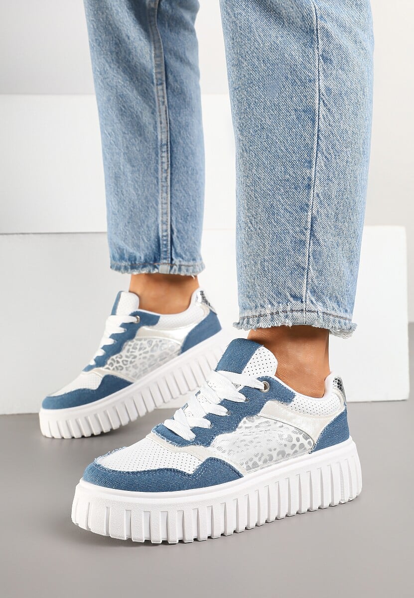 Niebiesko-Białe Sneakersy na Platformie z Tłoczeniami Zdobione Panterkowym Printem Herraza