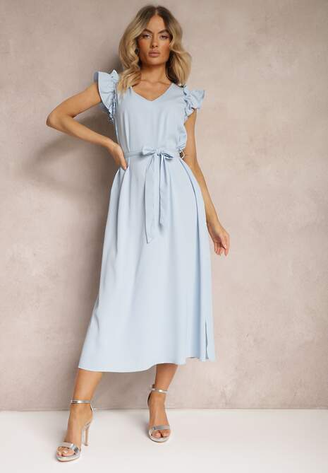 Niebieska Sukienka z Materiałowym Paskiem Ozdobiona Rozcięciami i Cyrkoniami z Falbanką Holline