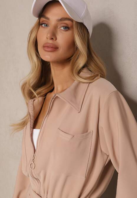 Ciemnobeżowy Kombinezon z Elastyczną Gumką w Pasie z Dodatkowym Wiązaniem o Luźnym Kroju Creera