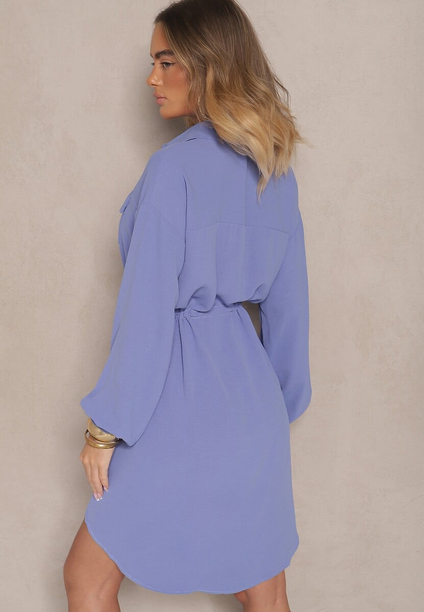 Niebieska Sukienka Koszulowa z Bawełną Ozdobiona Wiązaniem Uladrisa
