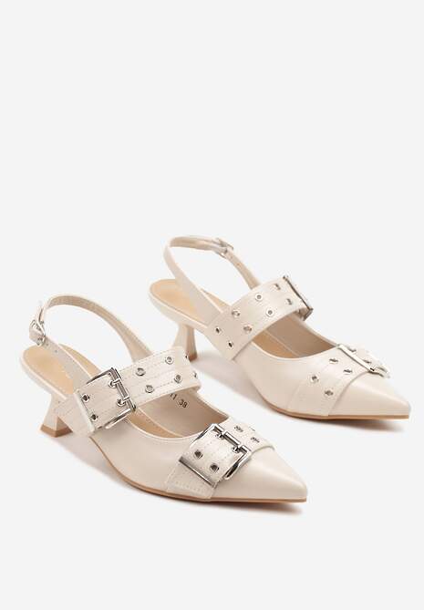 Beżowe Sandały Slingback na Kaczuszce Zdobione Nitami i Klamrami Leaelia