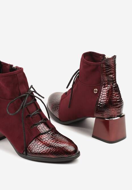 Bordowe Botki Typu Trzewiki Vices na Słupku Ozdobione Lakierowanymi Elementami Adenella