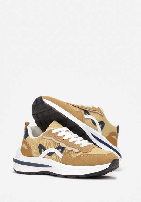 Ciemnobeżowe Sneakersy przed Kostkę z Modnymi Przeszyciami Ciana