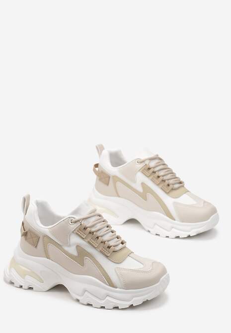 Beżowe Sneakersy Na Grubej Podeszwie z Przeszyciami i Sznurwaniem  Marinil