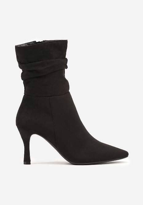 Czarne Marszczone Botki Vices z Ekozamszu na Niskim Obcasie Typu Szpilka Savalith