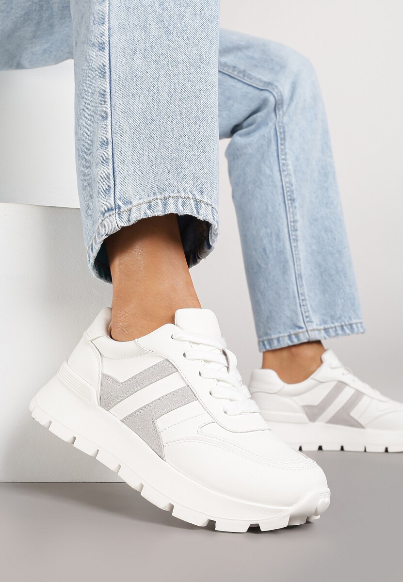 Biało-Szare Sneakersy na Grubej Podeszwie Zdobione Przeszyciami Lulline