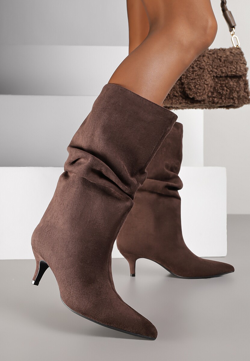 Brązowe Botki na Kaczuszce z Marszczoną Cholewką Nalorena