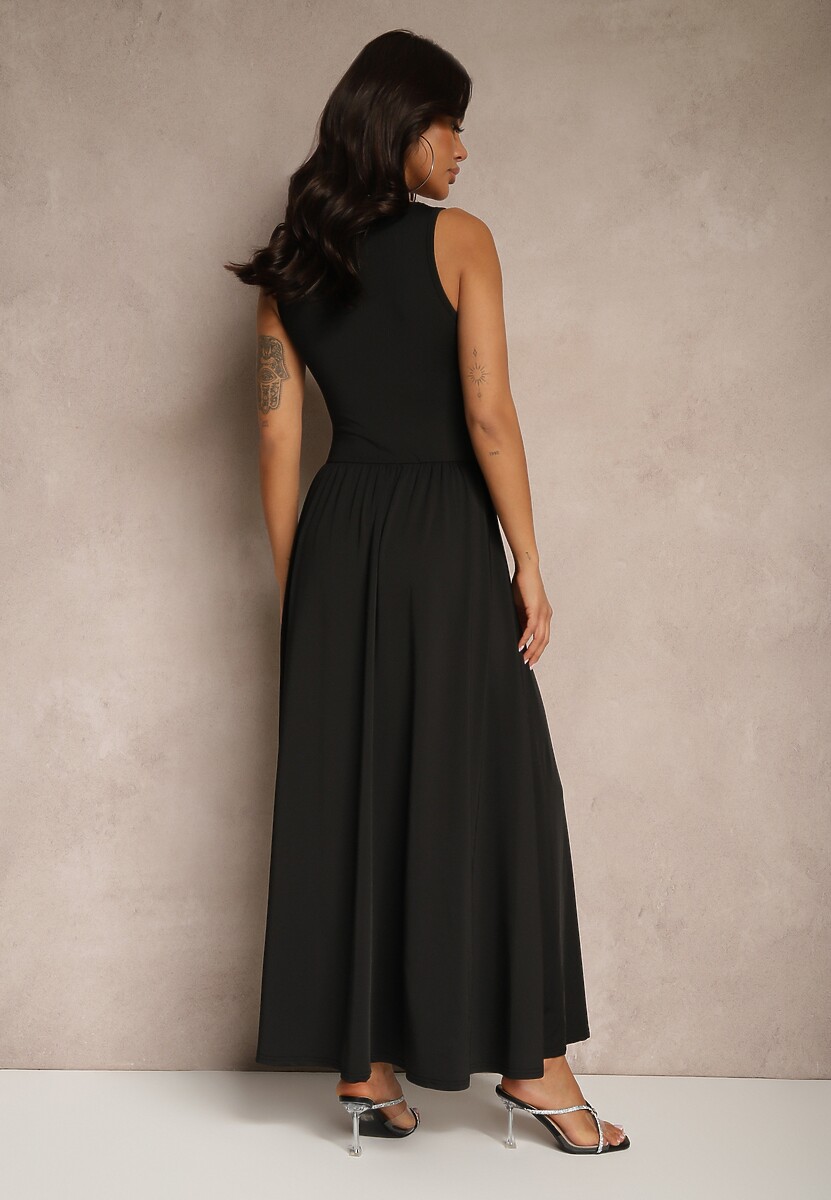 Czarna Rozkloszowana Sukienka z Wiskozą i Kwadratowym Dekoltem Ravvia