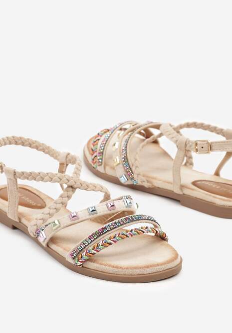 Beżowe Sandały Ozdobione Ćwiekami i Cyrkoniami Pillitte