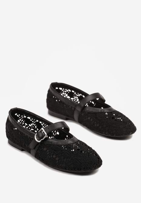 Czarne Balerinki w Stylu Mary Jane z Ażurową Cholewką Ridissea