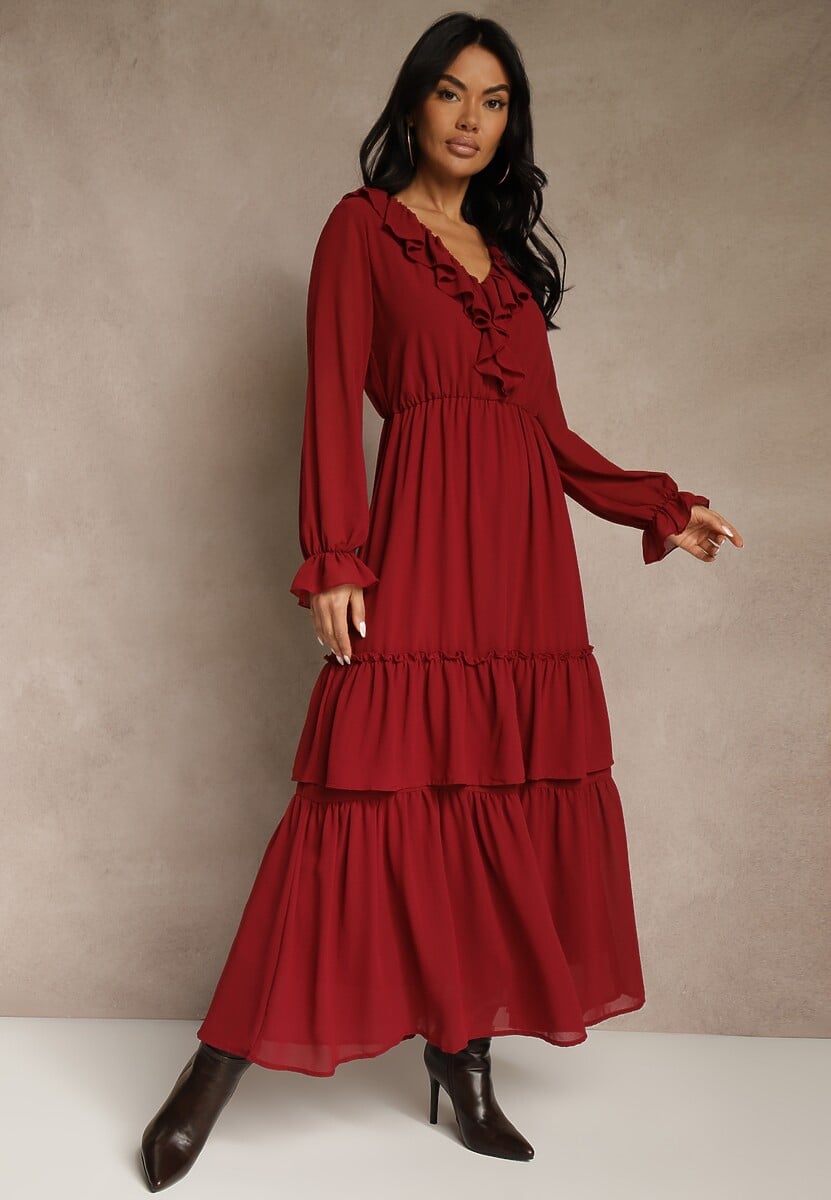 Bordowa Rozkloszowana Sukienka VICES z Falbanami i Transparentnymi Rękawami Aruvite