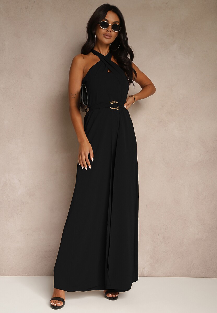 Czarny Kombinezon Koktajlowy Ozdobiony Paskiem z Metaliczną Klamrą Zermira